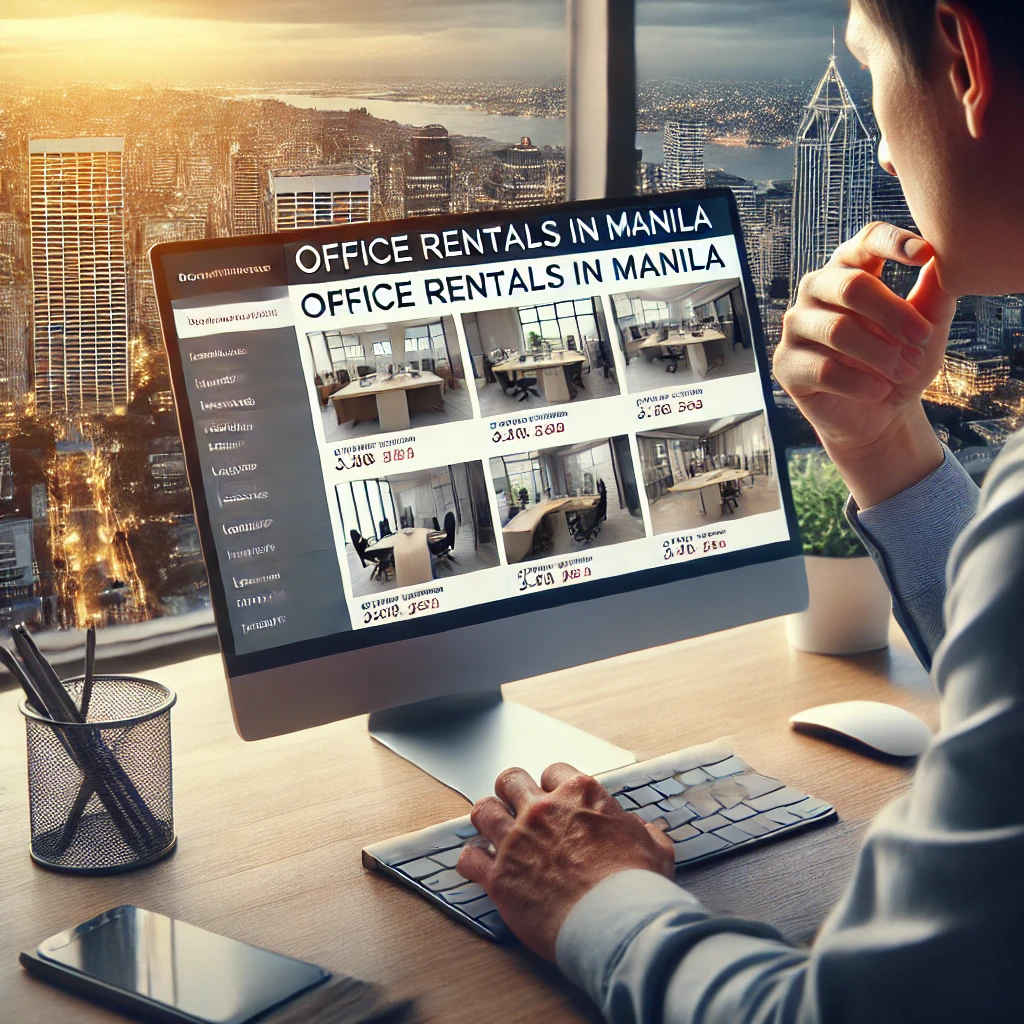 DALL·E 2024 08 24 17.30.46 A realistic image depicting someone using a computer to search for office rentals in Manila. The scene shows a person sitting at a desk with a laptop