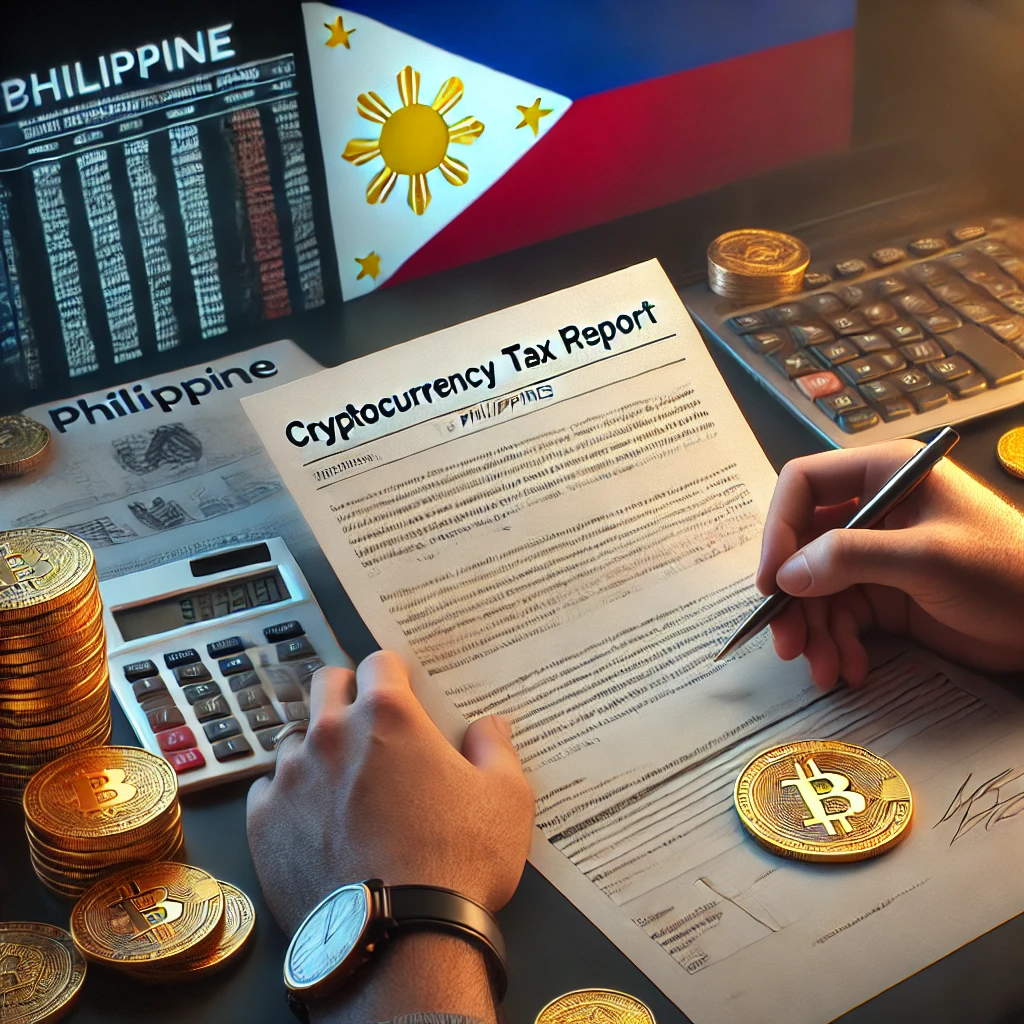 DALL·E 2024 08 26 16.24.16 A realistic image representing the concept of taxes on cryptocurrency in the Philippines. The scene shows a person sitting at a desk reviewing a docu