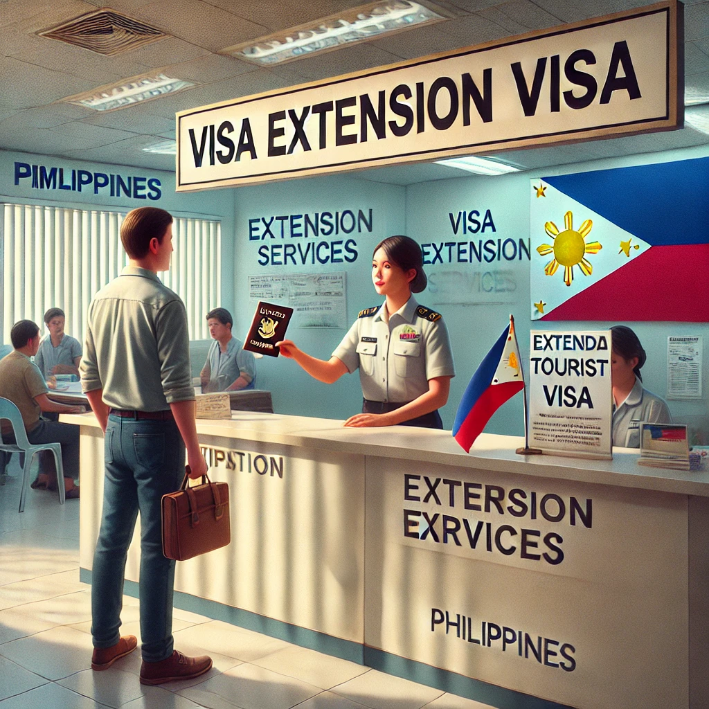 DALL·E 2024 08 26 17.21.11 A realistic image depicting the process of extending a tourist visa at an immigration office in the Philippines. The scene shows a person standing at