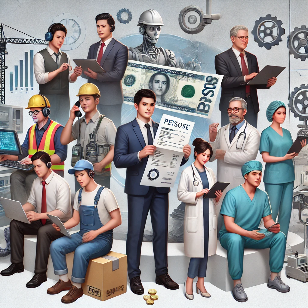 【2025年最新版】フィリピンの給与水準と福利厚生の最新動向 1 DALL·E 2024 08 28 12.10.12 A realistic image representing the salaries in major industries in the Philippines. The scene shows a collection of different workers such as a call