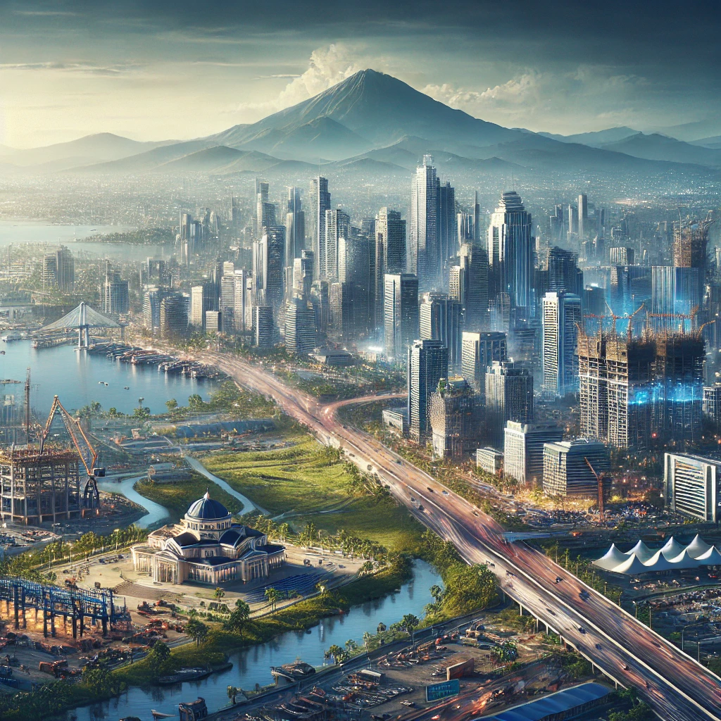 【2025年最新版】フィリピンの給与水準と福利厚生の最新動向 2 DALL·E 2024 08 28 12.10.13 A realistic image depicting the development and growth of the cities Manila Cebu and Davao in the Philippines. The scene is divided into three secti