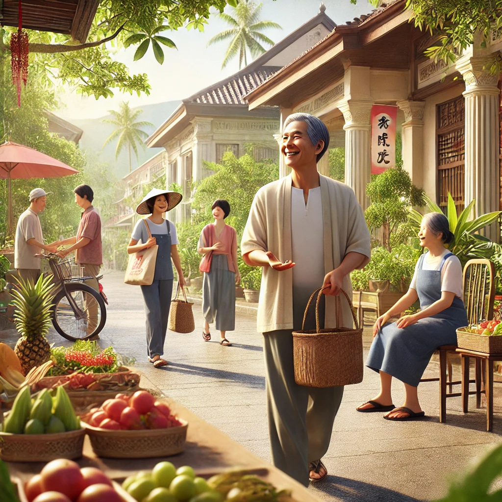 DALL·E 2024 08 28 13.18.29 A realistic image depicting the daily life of a Japanese retiree living in the Philippines. The scene shows a retired individual in their 60s or 70s
