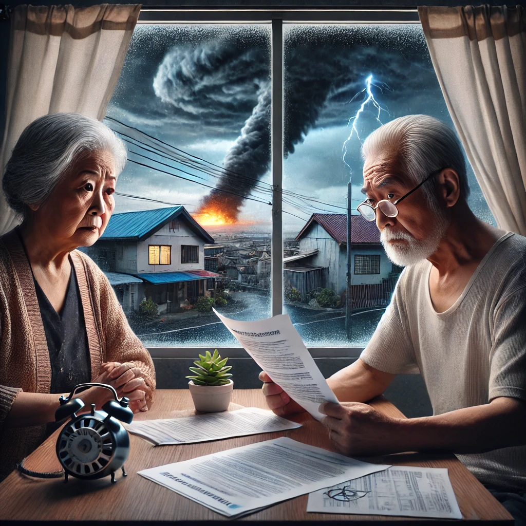 DALL·E 2024 08 28 13.18.31 A realistic image highlighting the potential risks of retiring in the Philippines. The scene shows an elderly couple perhaps Japanese looking concer