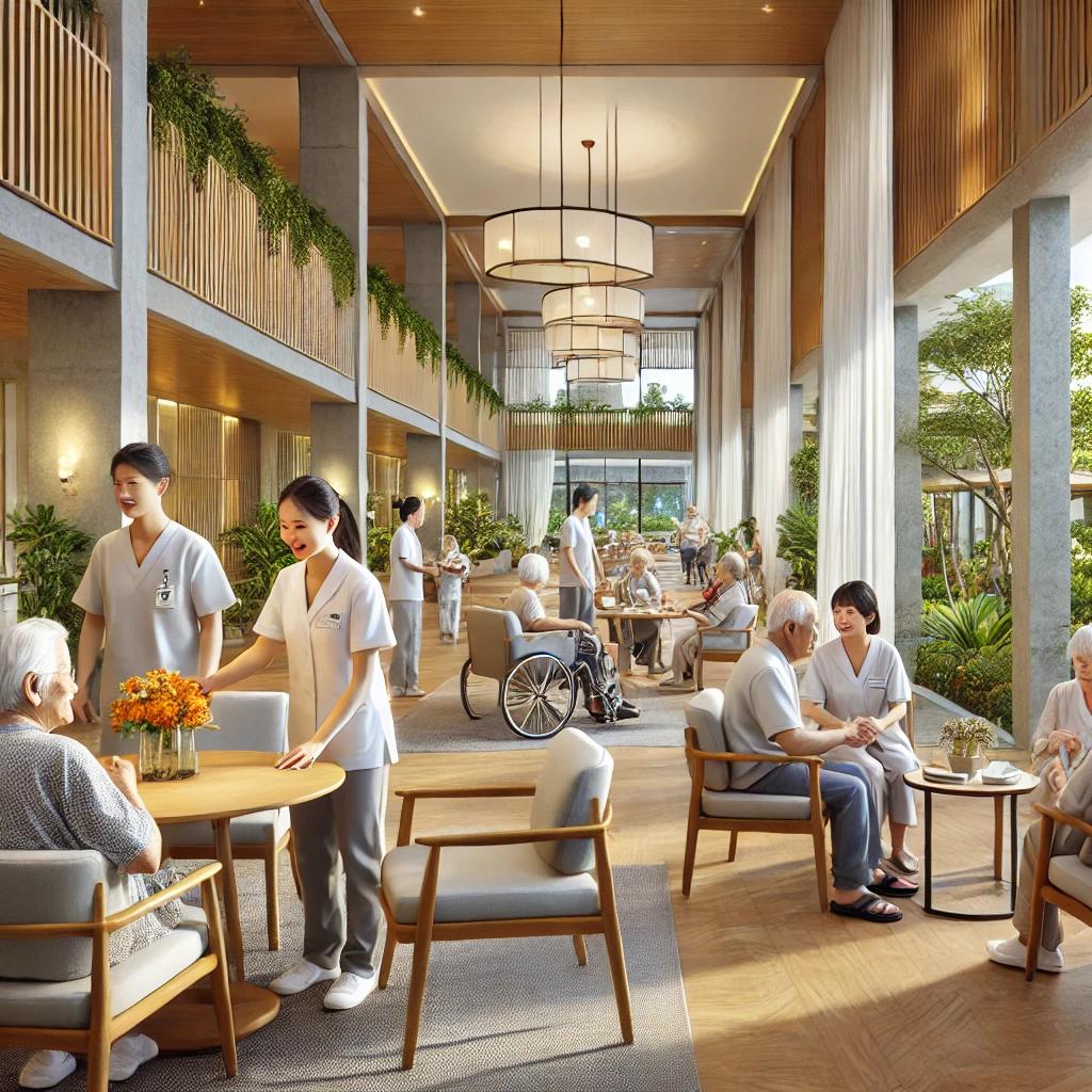 DALL·E 2024 08 28 13.18.34 A realistic image of a modern elderly care home in the Philippines. The scene shows elderly residents including a Japanese individual engaging in va