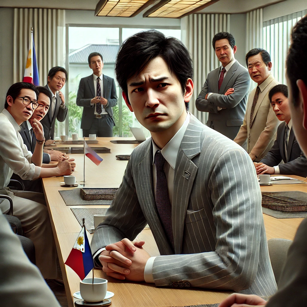 DALL·E 2024 08 28 16.01.13 A realistic image depicting a Japanese businessman experiencing confusion or frustration in a business setting in the Philippines. The scene shows the