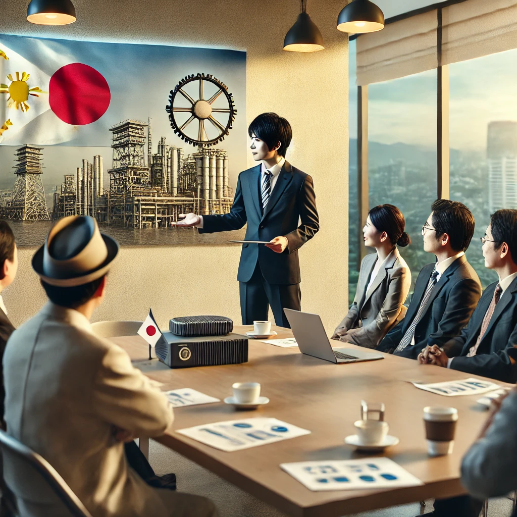 DALL·E 2024 08 28 16.01.16 A realistic image showing a Japanese businessperson conducting B2B sales in the Philippines. The scene is set in a modern office or conference room wh