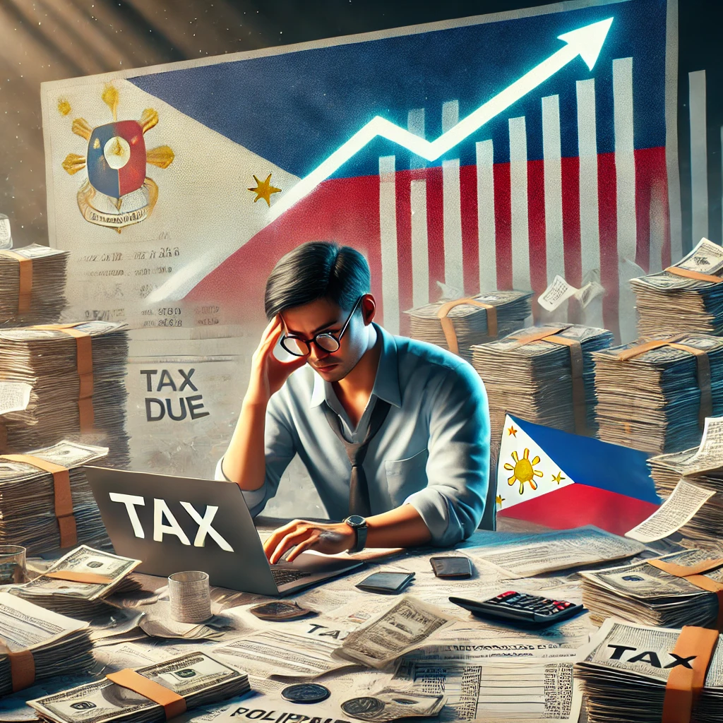 DALL·E 2024 08 29 11.38.01 A realistic image depicting the concept of high taxes in the Philippines. The scene shows a Filipino individual or small business owner sitting at a d