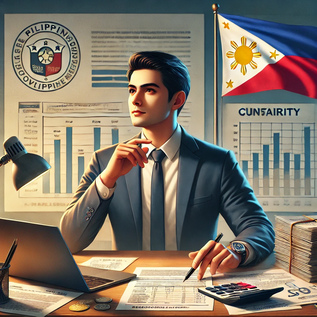 DALL·E 2024 08 29 11.38.04 A realistic image depicting the concept of clarity in the Philippine tax system. The scene shows a Filipino individual or business owner at a desk co