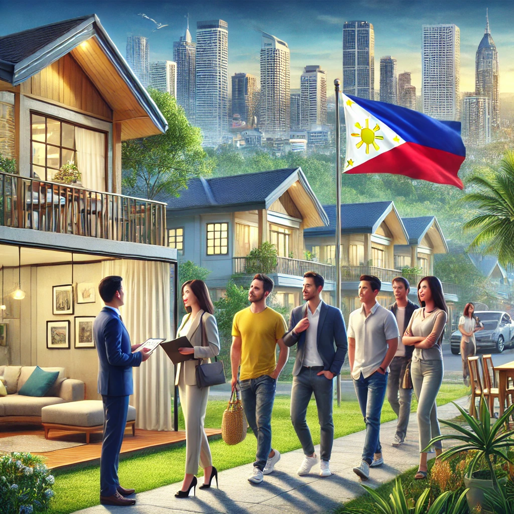 DALL·E 2024 08 30 15.23.40 A realistic image depicting a real estate tour in the Philippines. The scene shows a group of potential buyers including a Filipino couple being gui