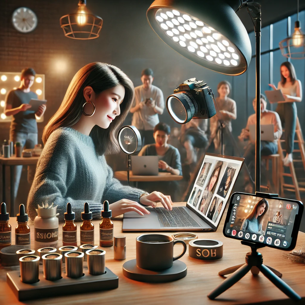 DALL·E 2024 08 30 15.55.54 A realistic image depicting influencer marketing in the Philippines. The scene shows a Filipino influencer working on a social media campaign with a