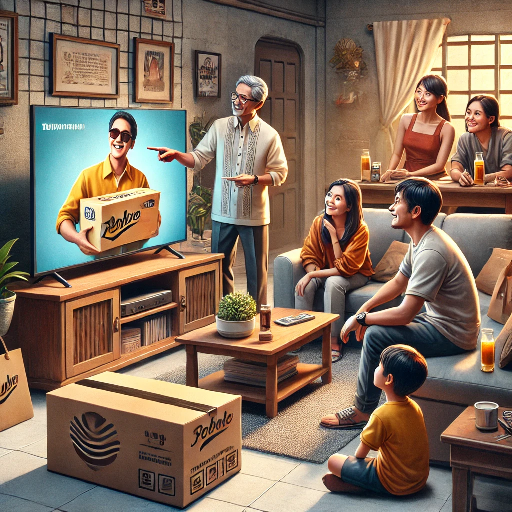 DALL·E 2024 09 03 14.56.42 A realistic image depicting the success of product sales through television advertising in the Philippines. The scene shows a Filipino family watching