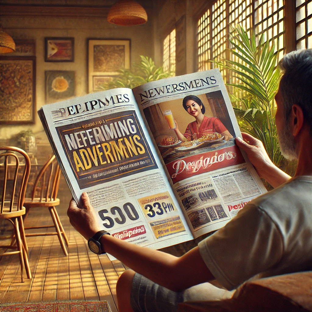 DALL·E 2024 09 03 14.56.45 A realistic image depicting a Filipino individual reading a newspaper with a prominent advertisement. The scene is set in a cozy living room or cafe