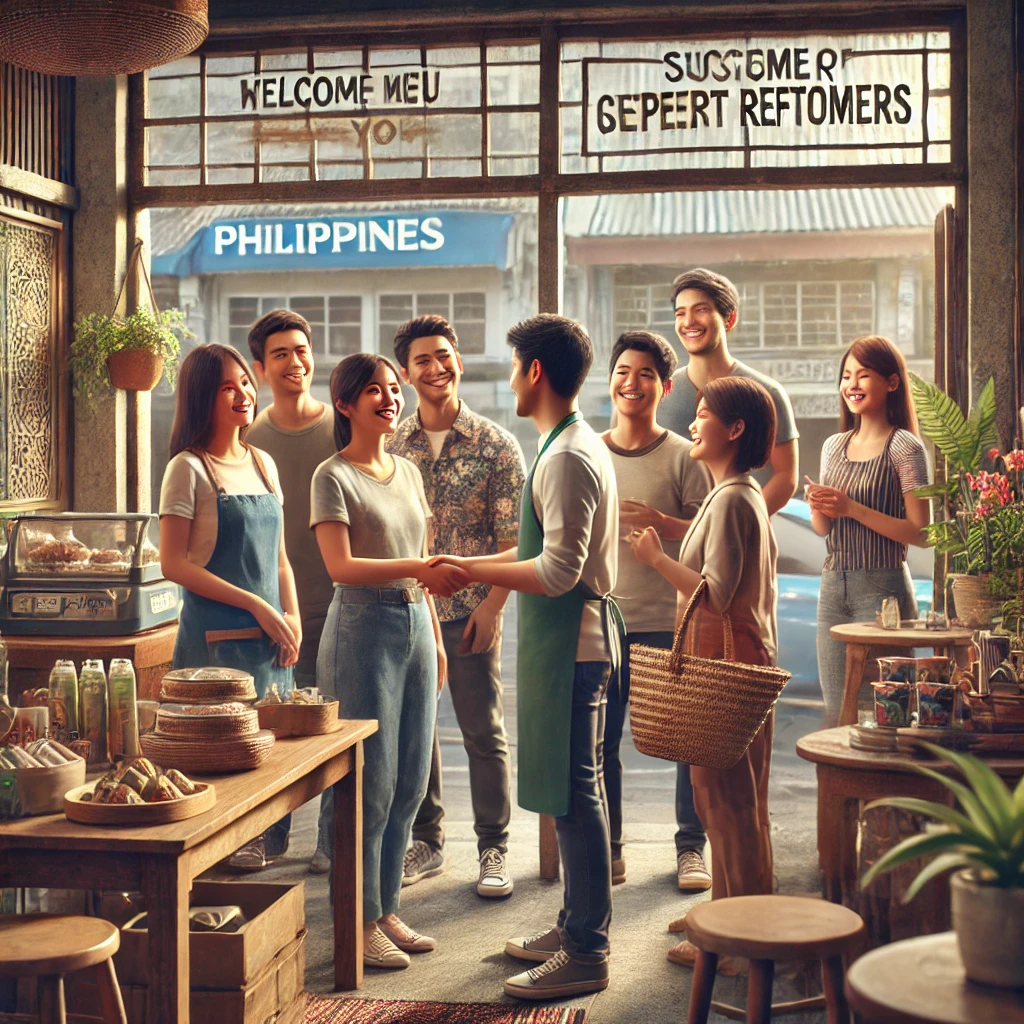 DALL·E 2024 09 05 11.27.34 A realistic image showing Filipino repeat customers visiting a store in the Philippines. The scene depicts a local shop or cafe where the staff warmly