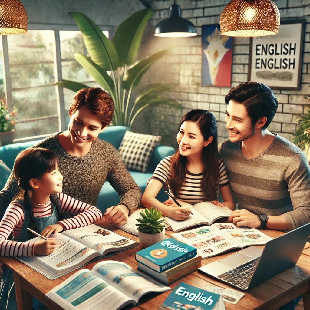 DALL·E 2024 09 05 12.28.58 A realistic image depicting a family studying English together in the Philippines. The scene shows parents and children seated around a table in a coz