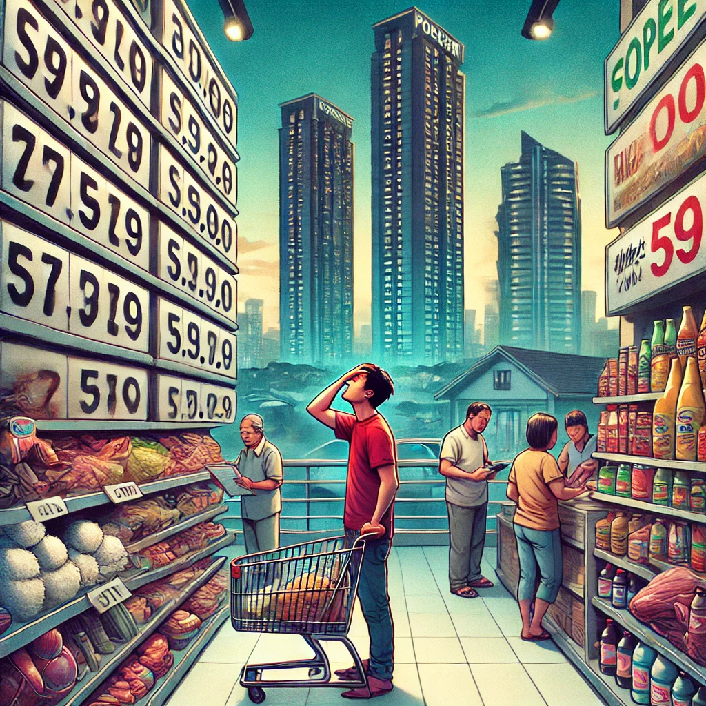 DALL·E 2024 09 10 14.27.33 A scene in the Philippines highlighting the rising cost of living. The image shows a stressed individual looking at expensive grocery prices in a mode