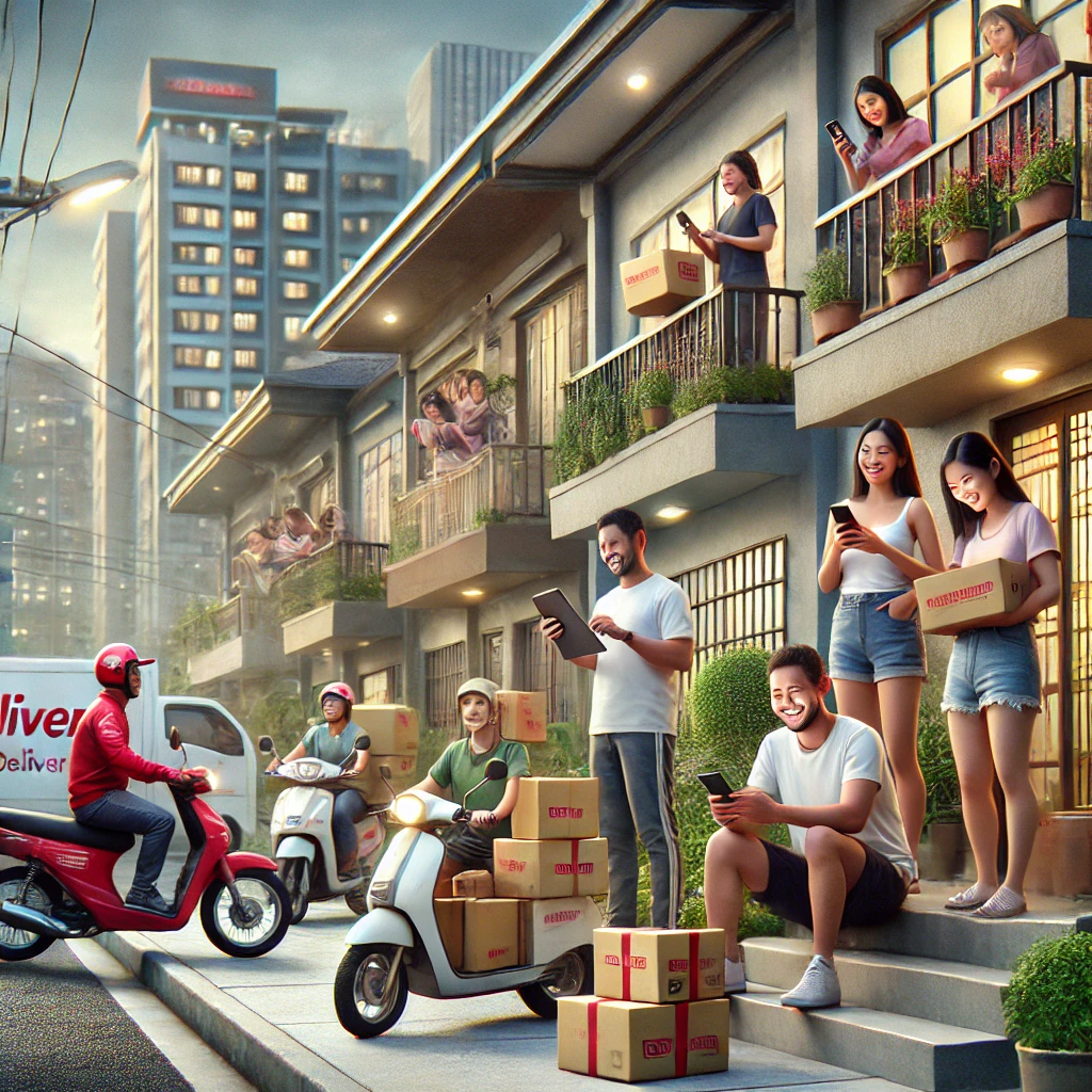 DALL·E 2024 09 10 15.25.19 A highly realistic scene in the Philippines showing how e commerce is making life more convenient. People are smiling as they receive packages at thei