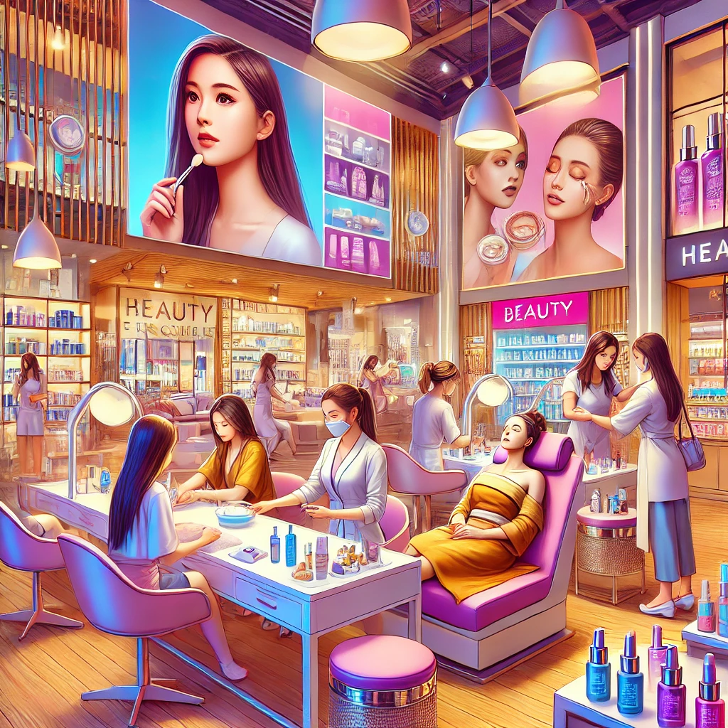 DALL·E 2024 09 17 10.50.35 A vibrant scene showcasing the popularity of beauty franchises in the Philippines. The image features a modern beauty salon or skincare clinic with Fi