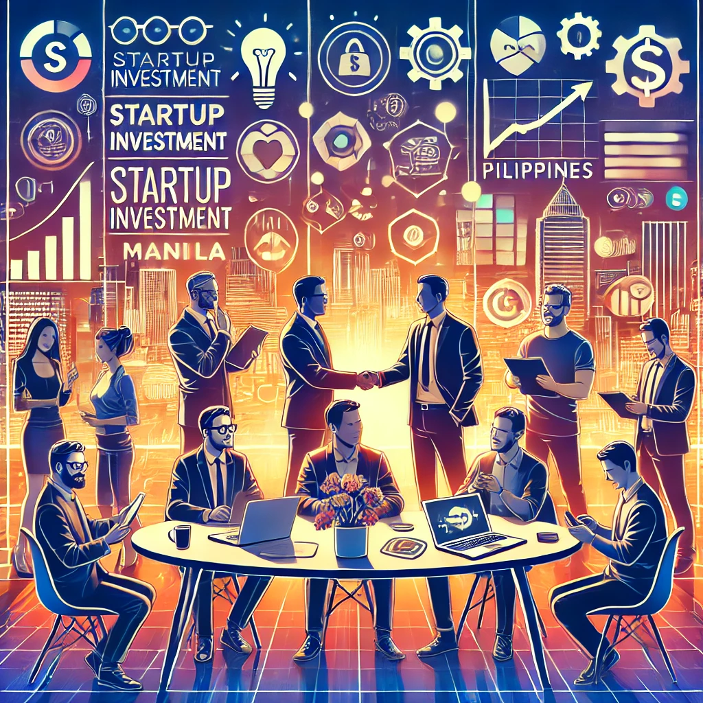 DALL·E 2024 09 20 13.26.33 A vibrant scene showing startup investment in the Philippines. The image features a group of investors and Filipino entrepreneurs in a modern office s