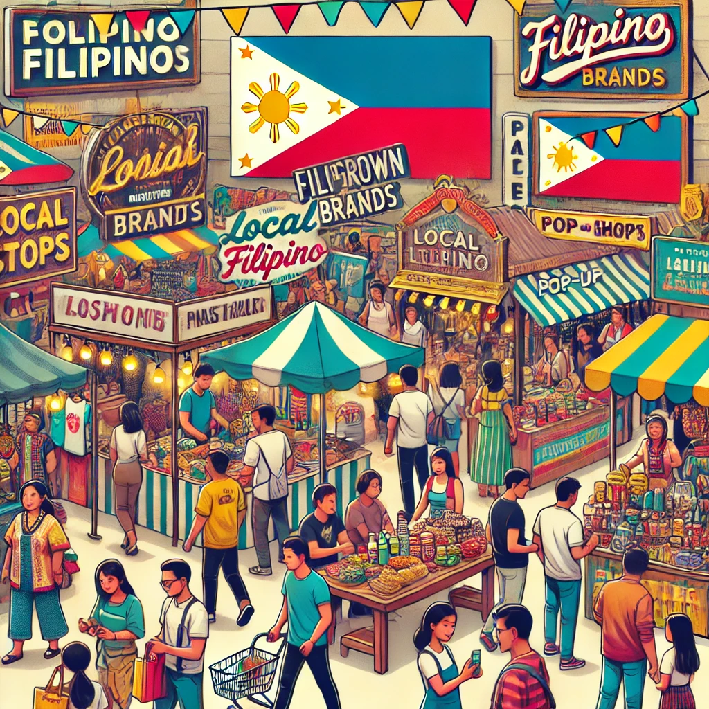 DALL·E 2024 09 21 12.47.09 A vibrant scene showing people gathering around popular local Filipino brands. The image features local stores markets and pop up shops with Filipin
