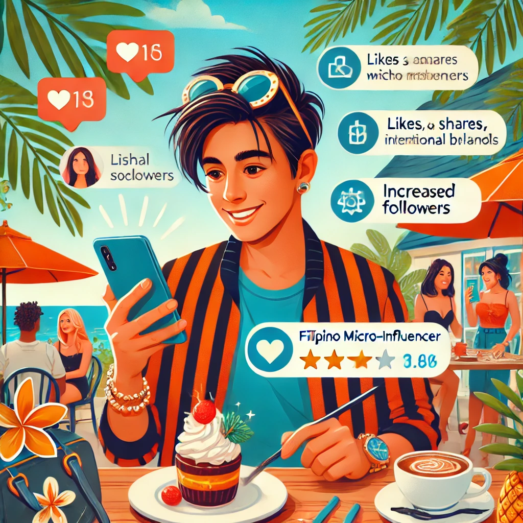 DALL·E 2024 09 21 15.37.15 A Filipino micro influencer achieving success collaborating with local or international brands. The influencer is showcasing products such as fashio
