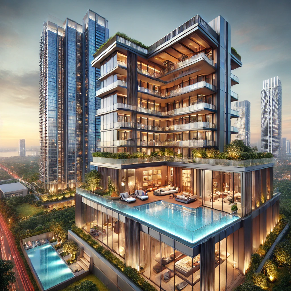 DALL·E 2024 09 24 13.52.36 A luxurious condominium in the Philippines located in upscale areas like Makati or Bonifacio Global City BGC. The exterior features sleek modern h