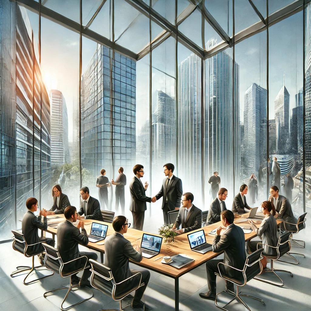 DALL·E 2024 09 24 14.28.28 A realistic scene of B2B sales in the Philippines set in modern office buildings in business districts like Makati or Bonifacio Global City. Sales pr