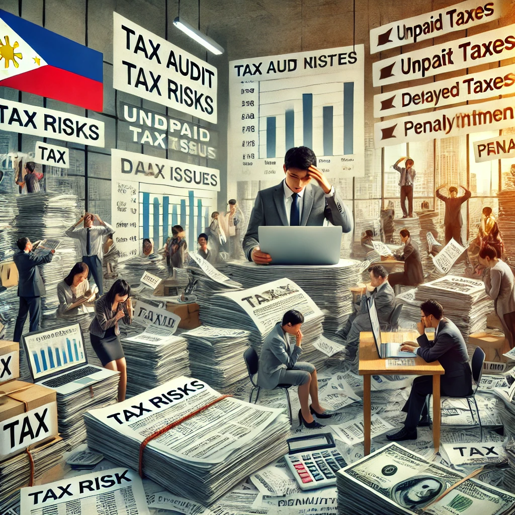 DALL·E 2024 09 26 10.43.39 A realistic image representing tax risks in the Philippines. The scene shows a business office with piles of tax audit notices and documents highligh