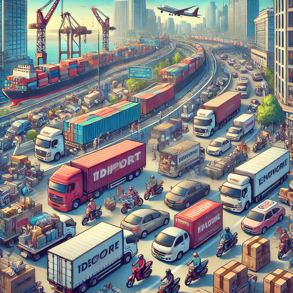 DALL·E 2024 09 26 14.16.51 A scene showing logistics bottlenecks in the Philippines. In a busy urban area like Manila trucks and delivery motorcycles are stuck in heavy traffic