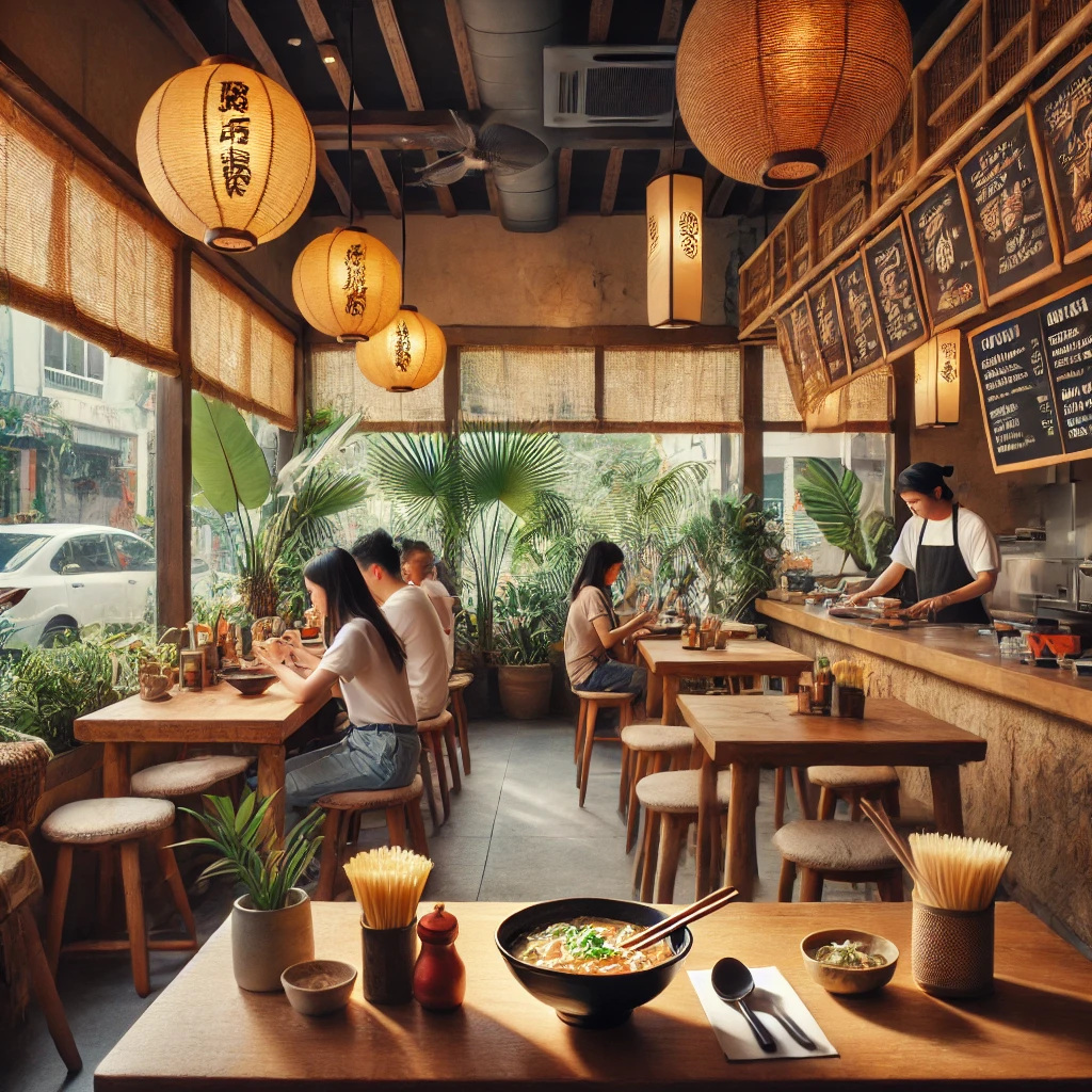 【2025年最新版】フィリピンでラーメン屋を開業するための5つのステップ 1 DALL·E 2024 10 08 14.40.27 A cozy ramen restaurant in the Philippines featuring a warm and inviting atmosphere. The interior has a mix of traditional Japanese elements like woo