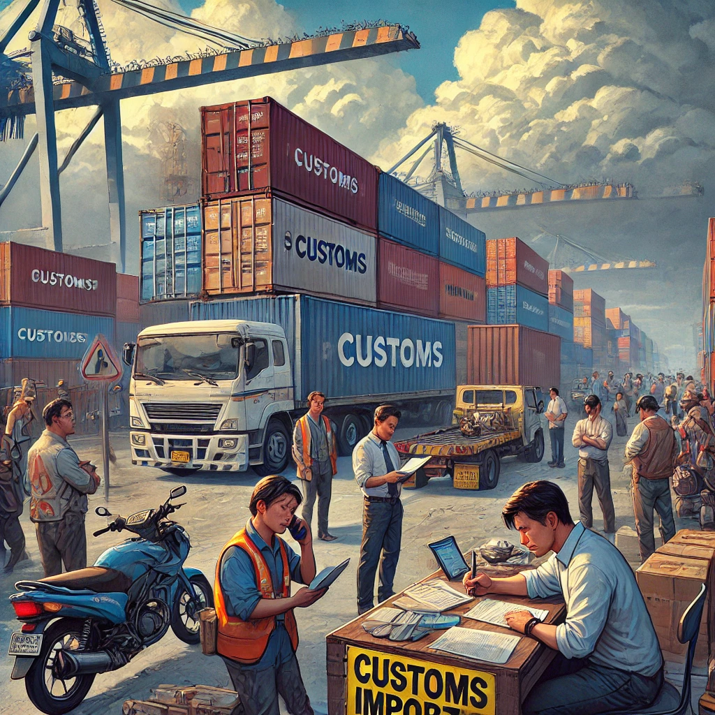 DALL·E 2024 10 08 15.34.20 A scene showing the difficulties of the food import business in the Philippines. The image features a crowded port with shipping containers stuck and